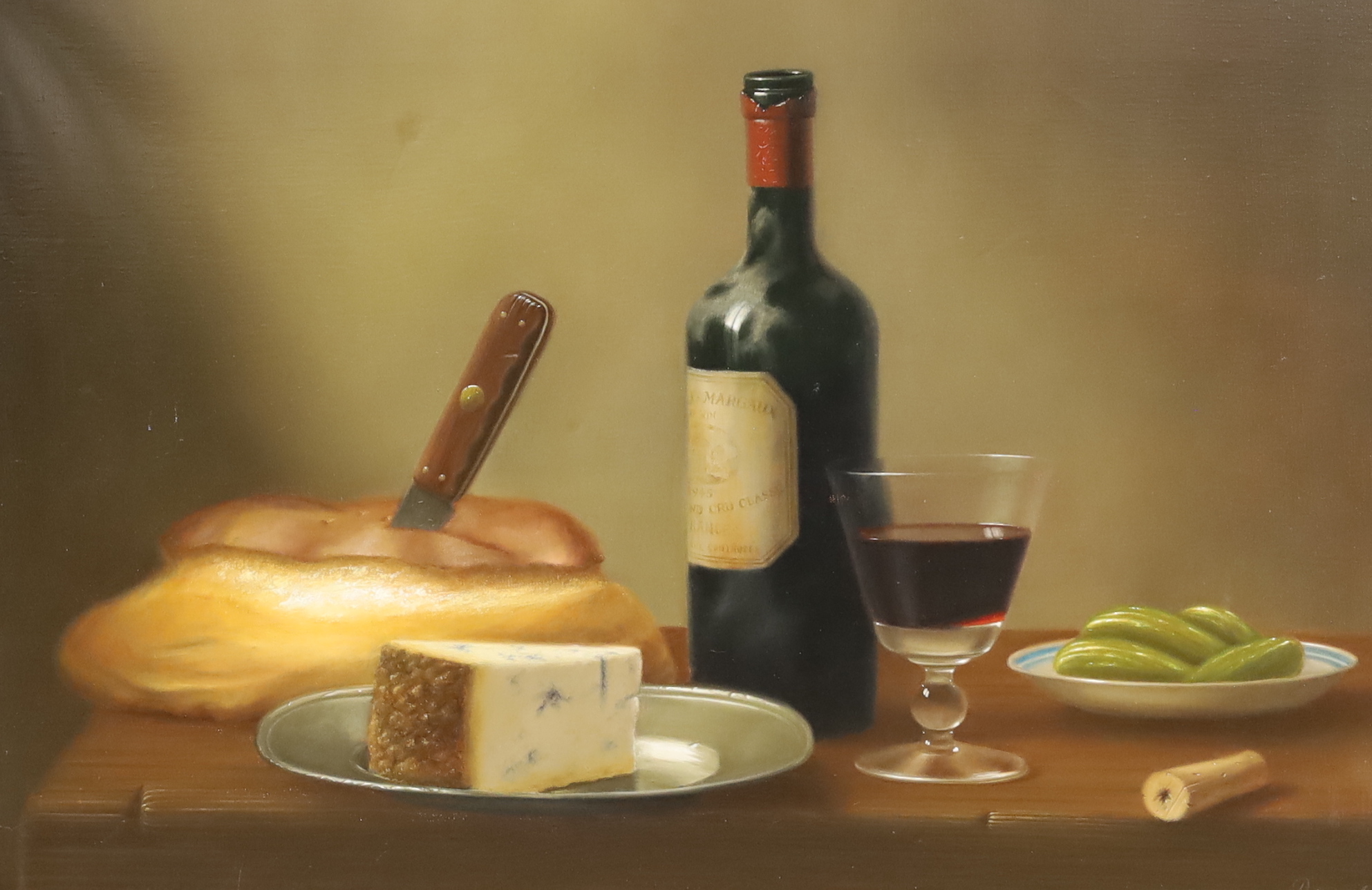 Brian Davies (1942-2004), oil on canvas, Still life of red wine and cheese, signed, 39 x 60cm